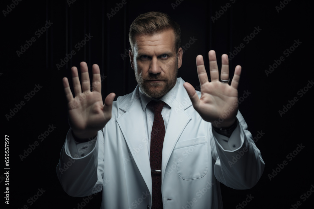 Man wearing lab coat is seen making stop sign. This image can be used ...
