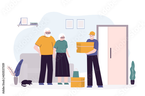 Elderly couple receive parcel. Concept of e-commerce and online shopping. Express delivery service. Aged people at home interior. Courier or deliveryman delivered package to buyer.