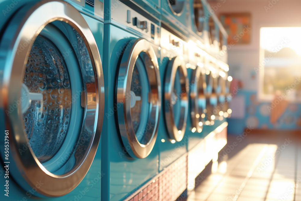 Row of blue washing machines in public launder. Suitable for commercial use in advertisements or articles about laundry services. Row of blue washing machines in public launder. Suitable for commercial use in advertisements or articles about laundry services.