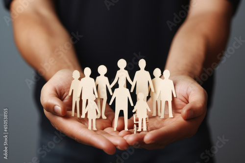 Person is seen holding paper cutout of family. Various contexts, such as family, relationships, diversity, or even advertising campaigns promoting unity and togetherness.