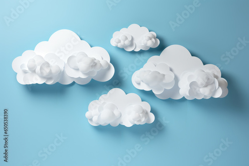 Group of paper clouds against vibrant blue background. Ideal for adding dreamy touch to your designs or presentations.