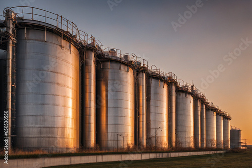 Große storage tanks und Silos die benutzt weden um rohes material aufzubewahren. Fässer stehen drausen mit Sonnenuntergang und schönem Himmel