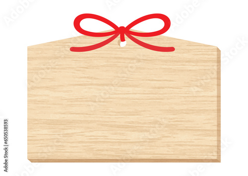 赤い紐で蝶結びされたシンプルな木目の無地の絵馬フレーム素材