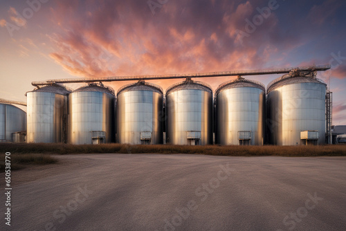 Große storage tanks und Silos die benutzt weden um rohes material aufzubewahren. Fässer stehen drausen mit Sonnenuntergang und schönem Himmel photo