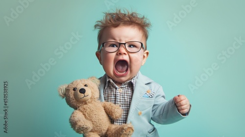 A vexed infant boy posed against blue.