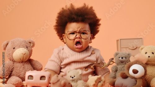 A furious infant boy with a beige studio as the backdrop.