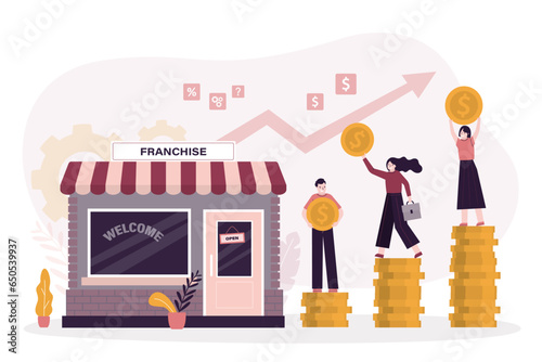 Franchise marketing system, profitable model. People start franchise small enterprise. Investors standing on stacks of money. Businessmen increase revenue,
