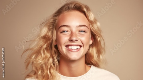 A beaming, carefree young teen girl captured in a studio portrait against a serene background.
