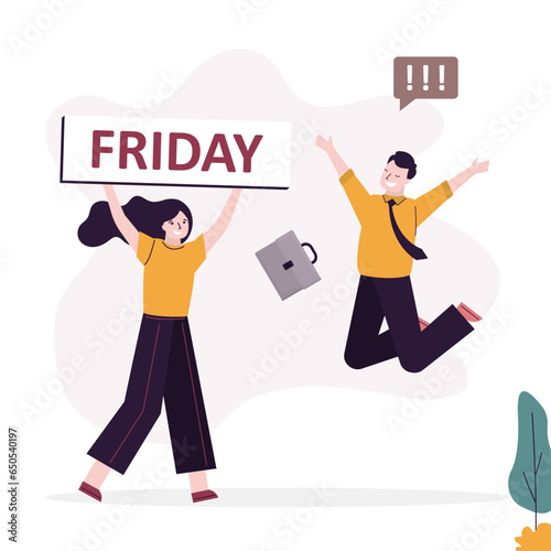 happy business people with Friday sign. Work week ending. Happy friday, relax or enjoy last working day and embrace weekend, joyful lifestyle after stressful week long.