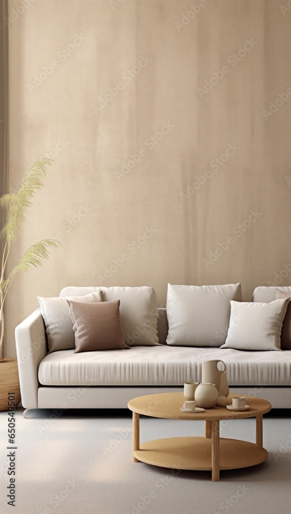 Fototapeta premium Interior design of cozy and sleek living room with stylish sofa, coffee table, flowers in vase, texture wall, fabulous finishings and natural light