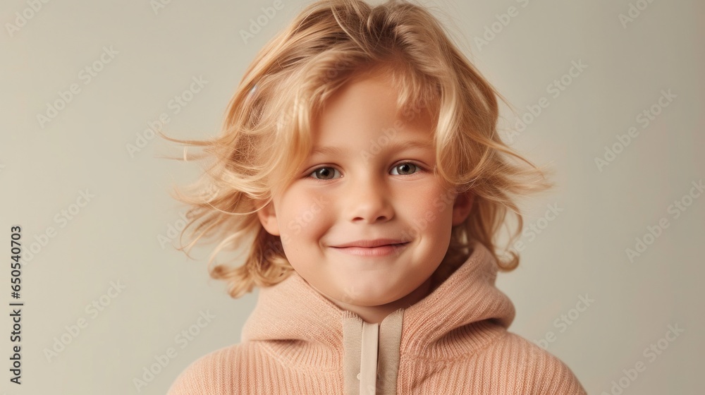 A sweet, blond child captures hearts with his joyful grin against a neutral beige backdrop. A sweet, blond child captures hearts with his joyful grin against a neutral beige backdrop.