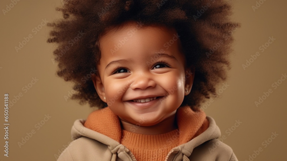 A cute little Afro-American boy, his bright smile contrasting with the serene beige studio background. A cute little Afro-American boy, his bright smile contrasting with the serene beige studio background.