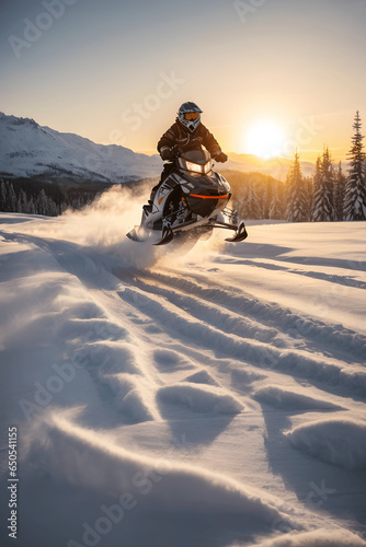 Snowmobile rider performing spectacular jump in beautiful snowy landscape in late winter sunset with sunfleres in the background. Image created using artificial intelligence.