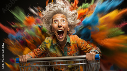 Exhilarating image of an astonished elderly woman with flying hair, gripping a full shopping cart against a saturated studio background. Perfect embodiment of consumer delight.