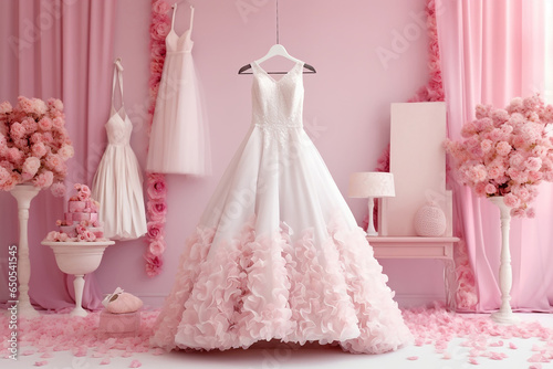 Closeup pink wedding dress in bridal salon room background. Banner. Front view of stylish dress for wedding day. Beautiful clothes for bride. Copy Space. Bride elegant reception dress photo