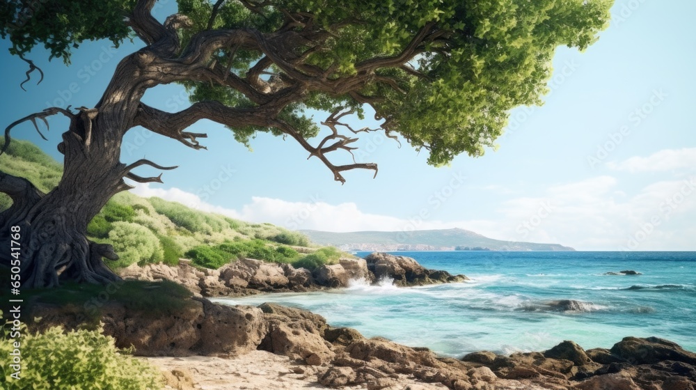 A tree on a rocky beach next to the ocean A tree on a rocky beach next to the ocean