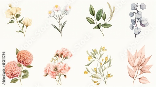 A bunch of different types of flowers on a white background
