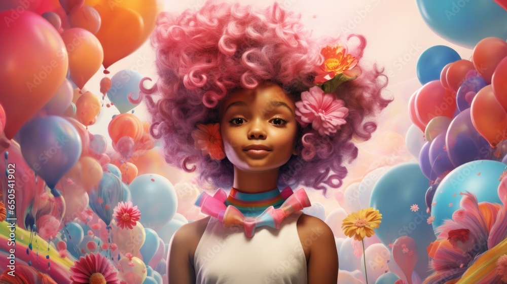 A woman with pink hair standing in a field of balloons A woman with pink hair standing in a field of balloons