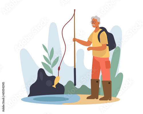 Fisherman holding fishing rod and fishing. Positive senior spending time on river. Happy old age. Concept of happy retirement. Flat vector illustration in cartoon style in blue colors