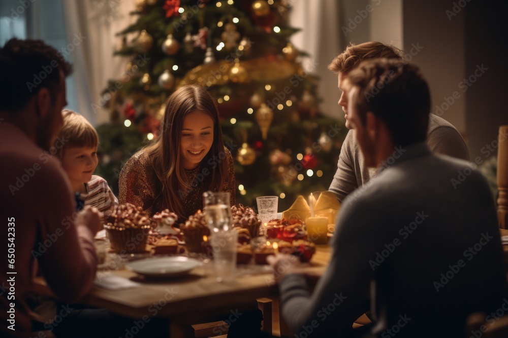 Beautiful happy family having fun celebrating Christmas at home, parents and children have dinner at the table next to the Christmas tree. Beautiful happy family having fun celebrating Christmas at home, parents and children have dinner at the table next to the Christmas tree.