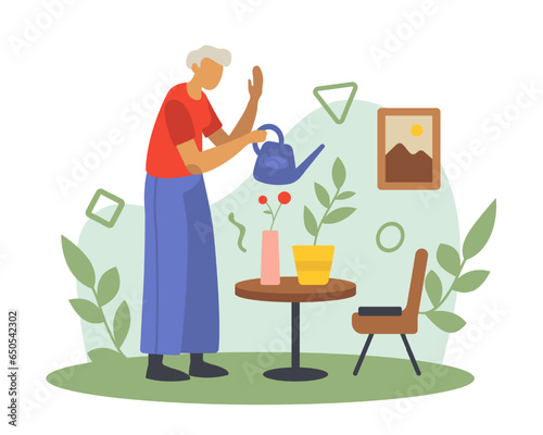 Old woman watering flowers in pots. Positive senior spending time at home. Happy old age. Concept of happy retirement. Flat vector illustration in cartoon style
