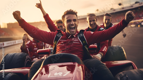 Formula one racer on the car celebrate after winning the race photo