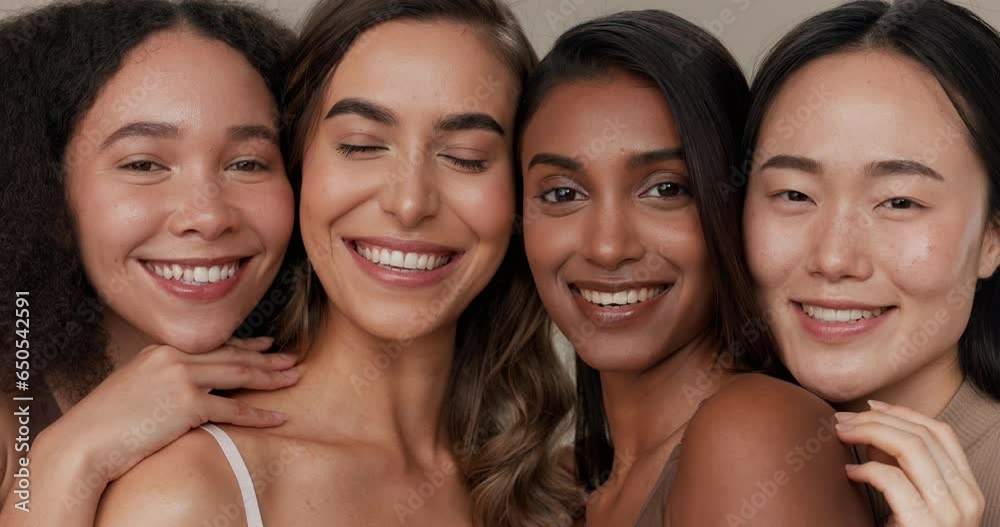 Skincare group, studio face and happy women smile for cosmetics shine, beauty glow and spa wellness support. Happiness, salon and diversity portrait of young friends together on grey background
