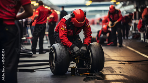 Pit crew holding tires in formula one pit lane photo