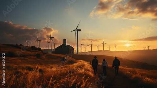 people in the countryside walking with propeller towers for wind energy, clean renewable energy