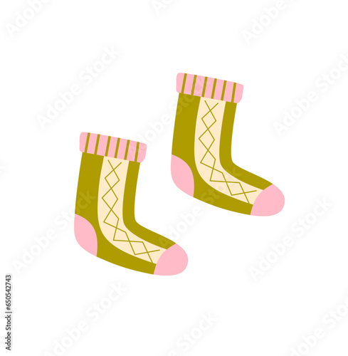Warm patterned green and pink socks isolated on white background. Autumn and winter  essentials. Cozy season. Accessorize.