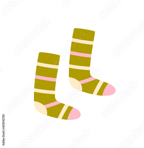 Warm striped green stockings isolated on white background. Long socks. Autumn and winter cozy season. Accessorize. Christmas and New Year time.