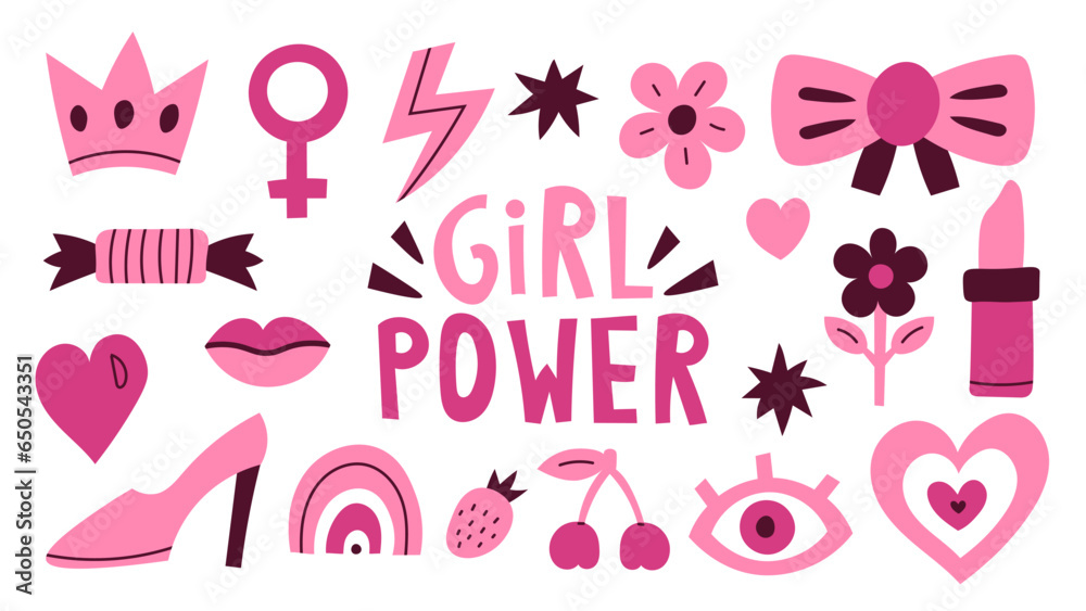 Girl power pink elements set. Feminism symbols collection. Hand drawn vector illustration.