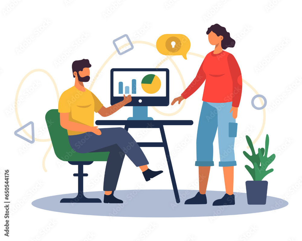 Man sitting at tale near computer and talking with female. Concept of increasing productivity and efficiency in business. Flat vector illustration in cartoon style in blue colors