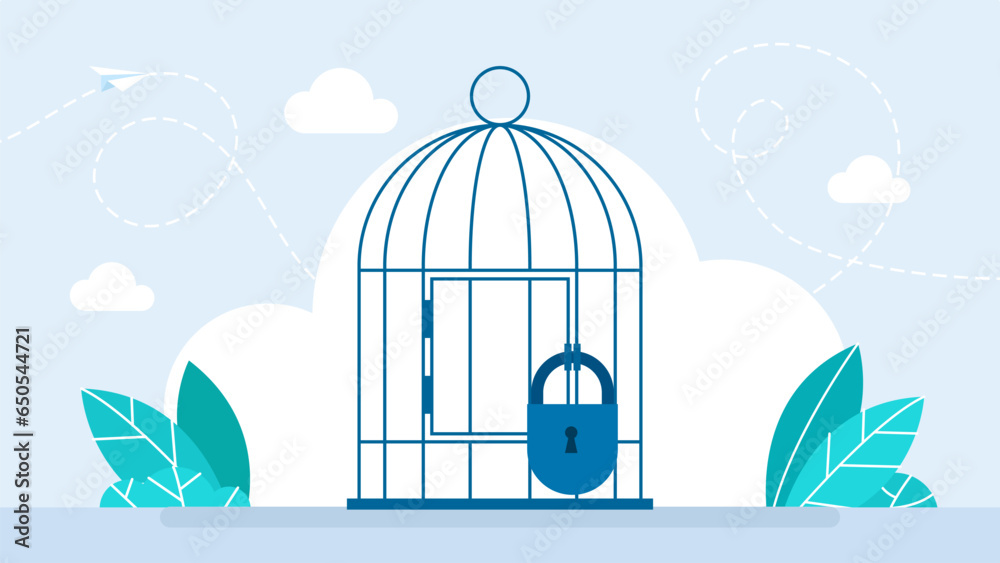 Bird cage with a lock. Prison gate. Vintage empty birdcage of metal