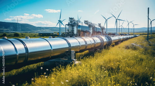 Renewable energy production hydrogen pipeline with wind turbines and in the background