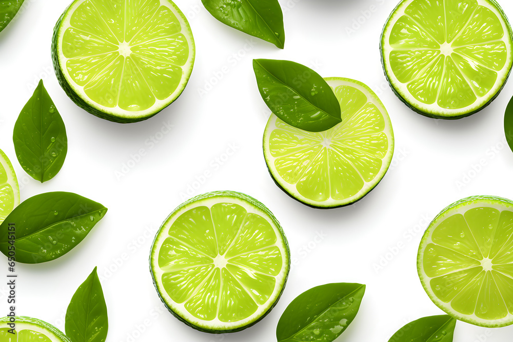 green limes and leafs isolated on white background
