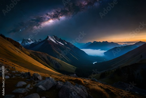 Milky Way above mountains in fog at night in autum
