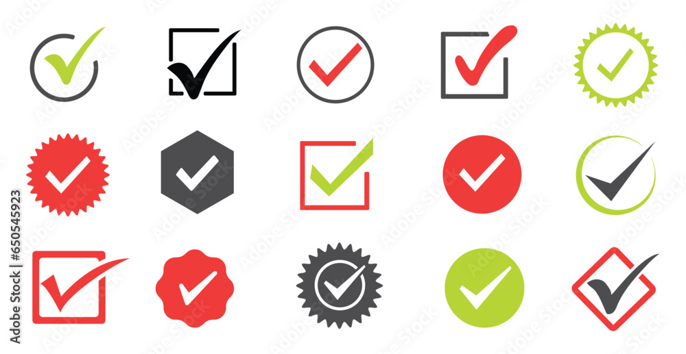 Set of Check Mark Icons red green black. Tick and Cross Vector Signs Set of Check Mark Icons red green black. Tick and Cross Vector Signs