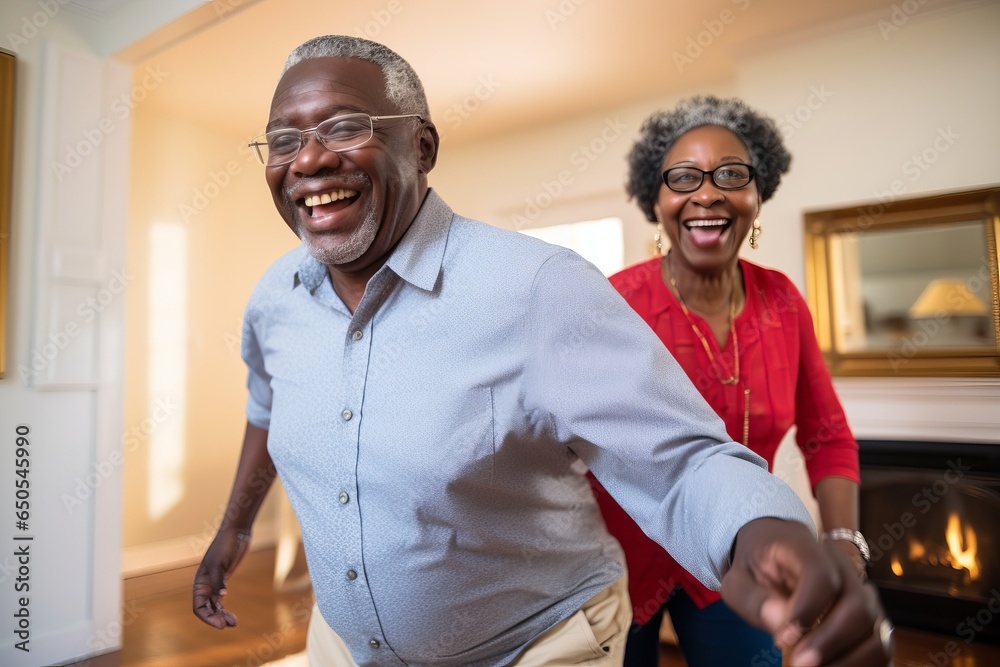 senior american man and woman happy dancing in room. generative ai. senior american man and woman happy dancing in room. generative ai.