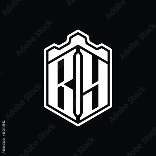 BY Letter Logo monogram hexagon shield shape crown castle with outline style design