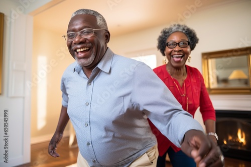 senior american man and woman happy dancing in room. generative ai.