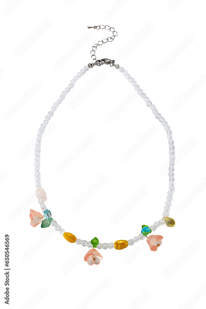 Close-up shot of a handmade beaded necklace with a lobster clasp. Chain of multi-colored beads is isolated on a white background. Handmade jewelry made out of beads. Front view. Close-up shot of a handmade beaded necklace with a lobster clasp. Chain of multi-colored beads is isolated on a white background. Handmade jewelry made out of beads. Front view.