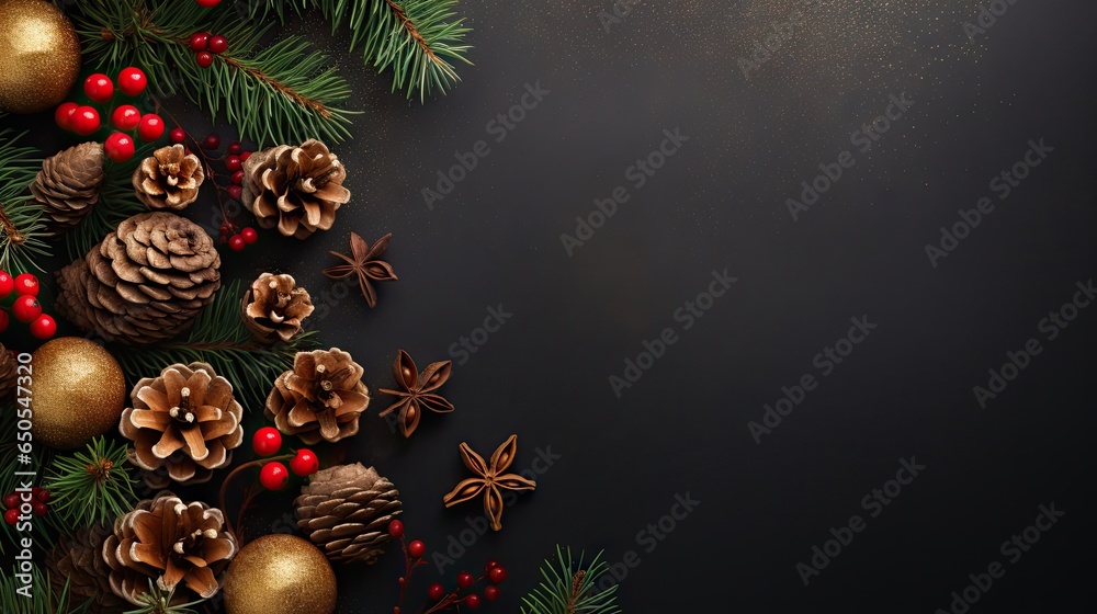 Christmas stone background with snow fir tree, gift box and decor. Top view with copy space