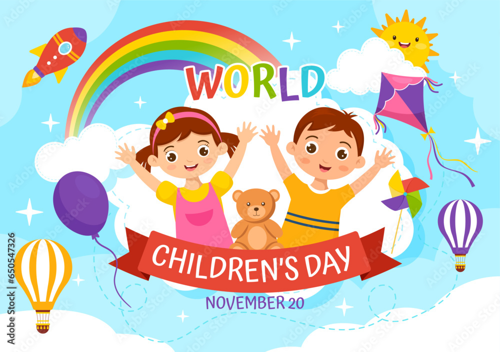 Naklejka premium World Children's Day Vector Illustration on 20 November with Kids and Rainbow in Children Celebration Cartoon Bright Sky Blue Background Design