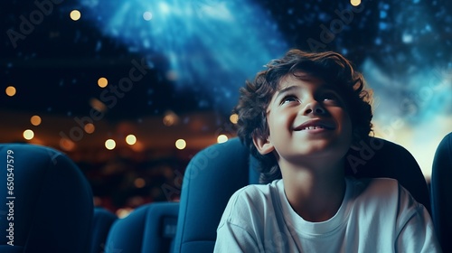 Little boy in a white shirt watching a movie for the first time in a movie theater, looking excited at the screen because he has discovered something new.