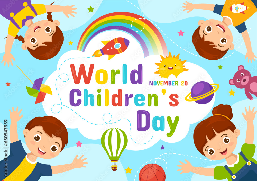 World Children's Day Vector Illustration on 20 November with Kids and Rainbow in Children Celebration Cartoon Bright Sky Blue Background Design