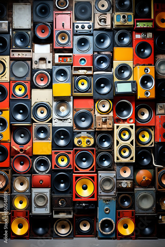 Wall adorned with a collection of vintage speakers