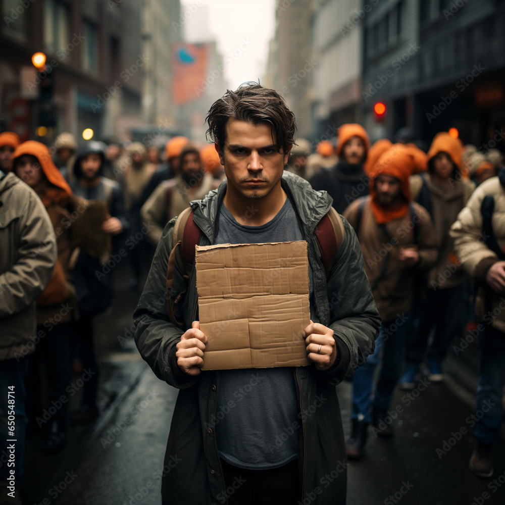 A man holding a sign in front of a protesting crowd. Group of people. - obrazy, fototapety, plakaty 