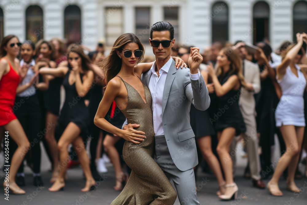 A man and woman dancing in front of a crowd of dancing people on the street. - obrazy, fototapety, plakaty 