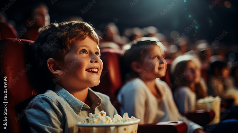 Little boy in a white shirt watching a movie for the first time in a movie theater, looking excited at the screen because he has discovered something new. - obrazy, fototapety, plakaty 